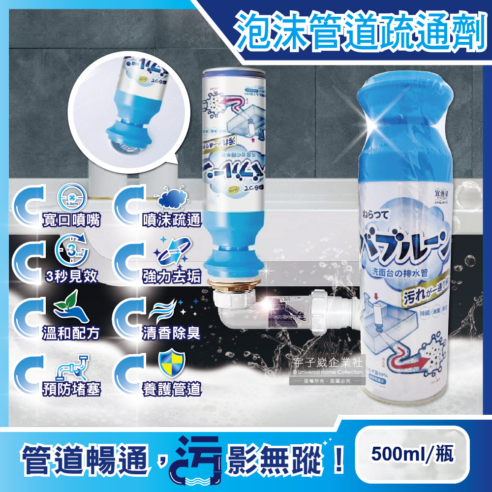 日本Clean-寬口藍蓋瞬壓倒噴去垢除臭芳香洗手台排水管疏通泡沫清潔劑500ml/瓶✿70D033
